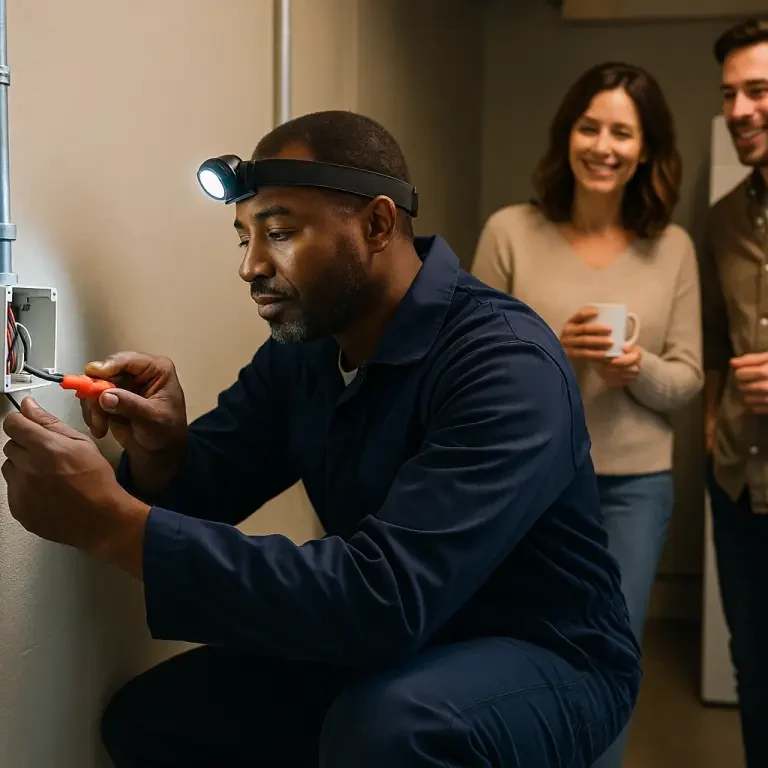 Satisfaction client après dépannage électrique à domicile Clients satisfaits discutant avec un électricien professionnel à Paris Service