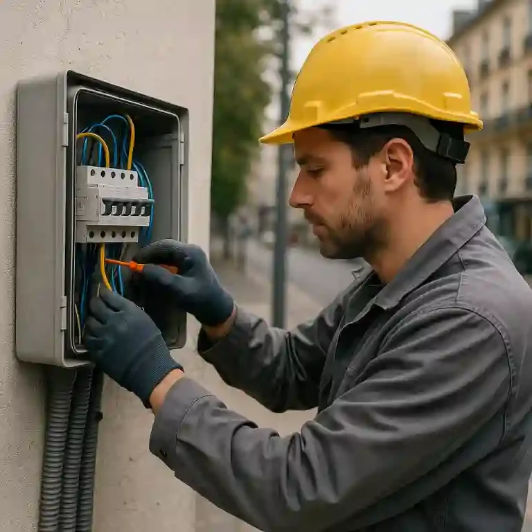 Dépannage et intervention - Leon Services Électricien en service à Paris manipulant un tableau électrique extérieur, équipé d’un casque de sécurité et de gants
